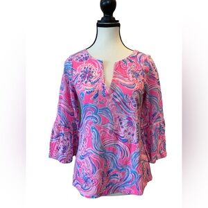 Lilly Pulitzer Pink & Blue Printed Split-Neck Tunic Top Size S NWOT Pima Cotton